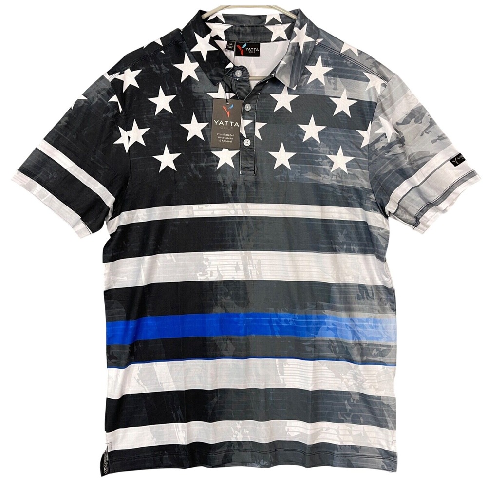 Yatta Golf Short Sleeve Golf Polo Shirt US Flag Thin Blue Line Mens M Medium NWT